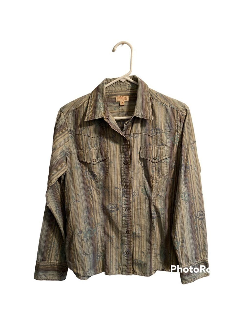 Adventure Clothing Western Snap Button Floral Shirt Womens M Blue Gray Stripes